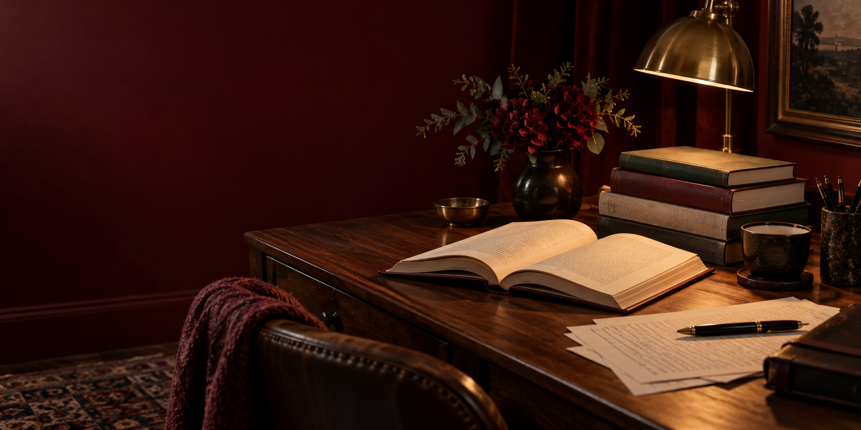 An open novel and handwritten pages on a warmly lit writing desk